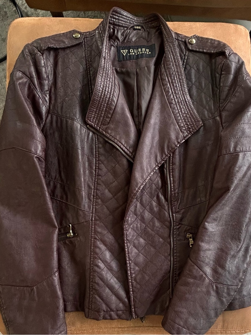 GUESS Quilted Faux Leather Jacket — Burgundy